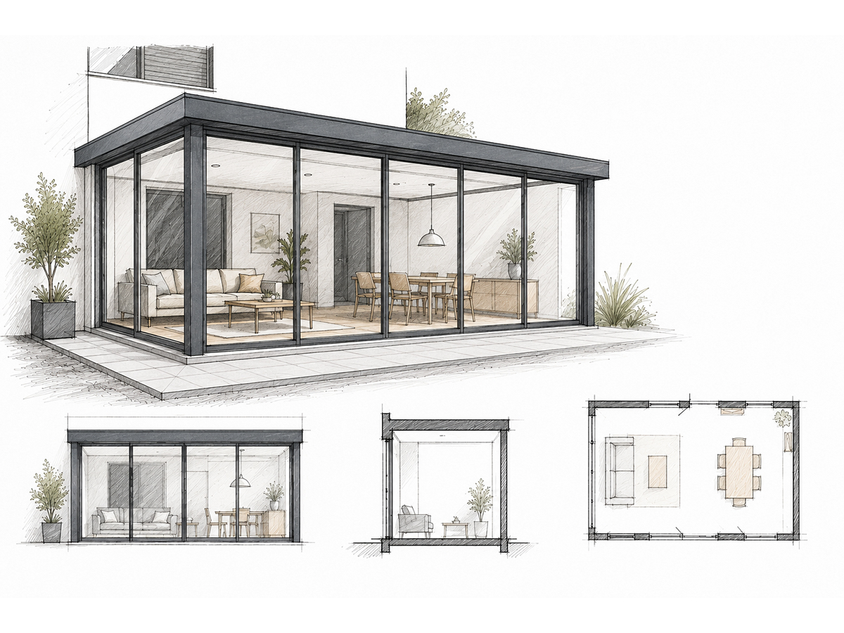Véranda aluminium droite avec grandes baies vitrées